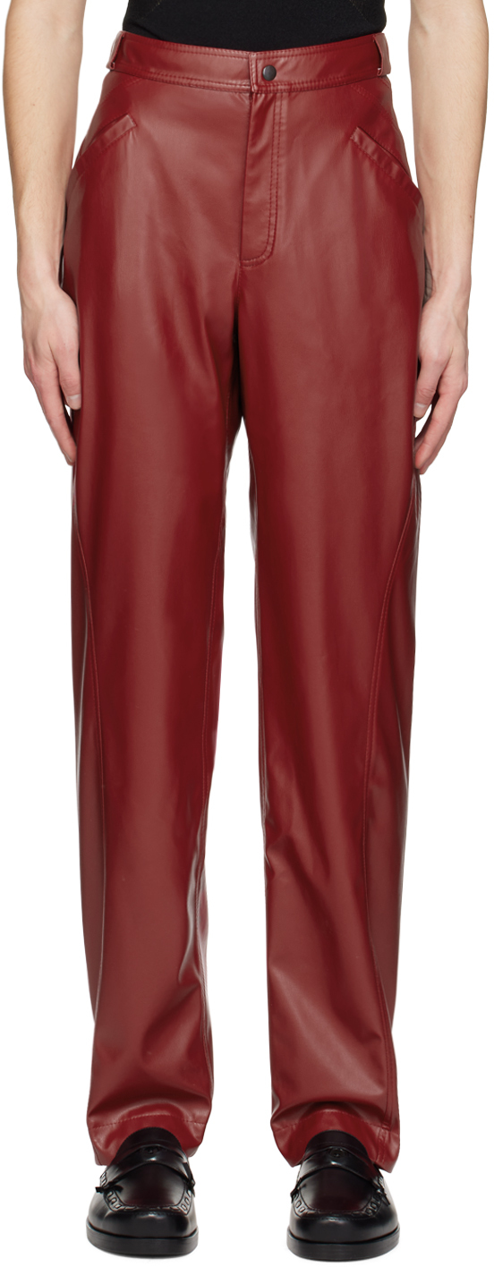 Situationist: Burgundy Four-Pocket Faux-Leather Pants | SSENSE