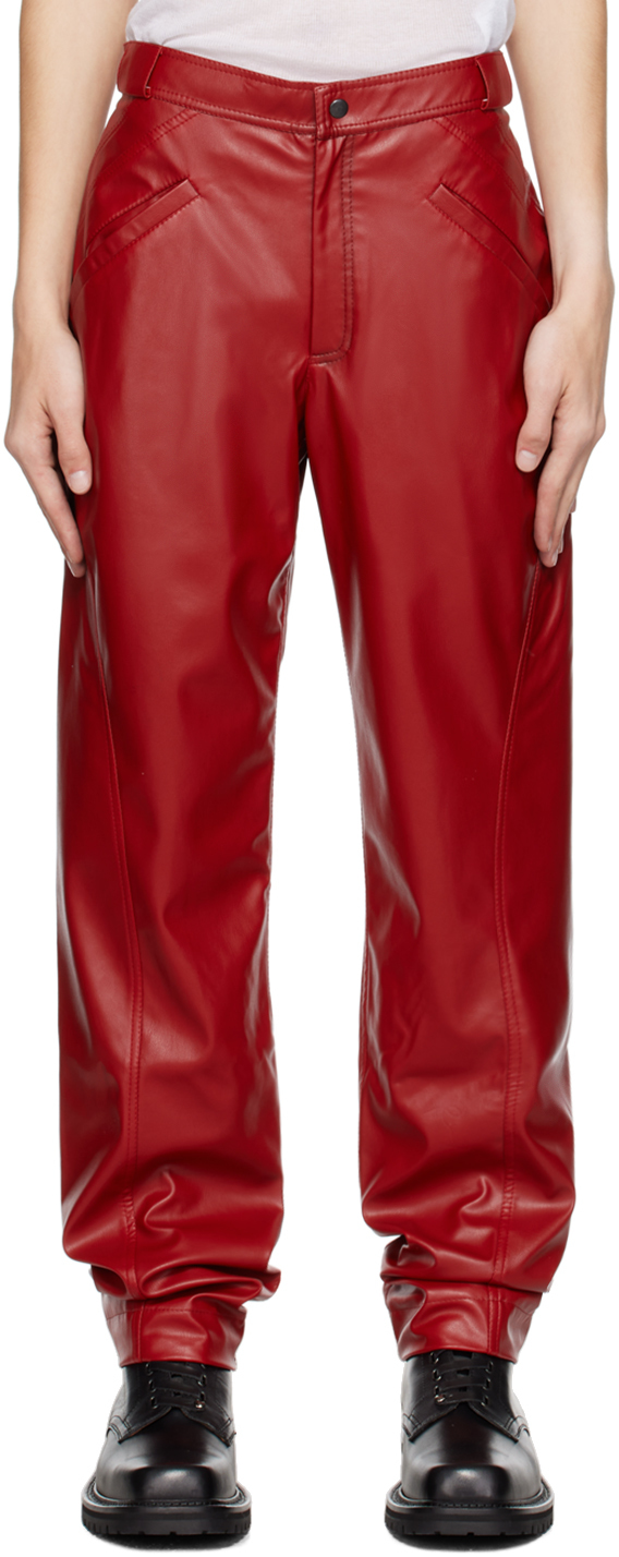 Red Four-Pocket Faux-Leather Pants
