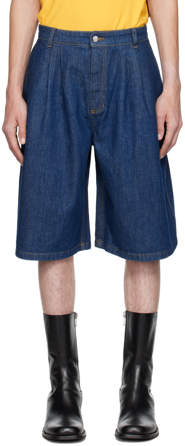 Situationist Navy Pleated Denim Shorts In Dark Blue Jeans