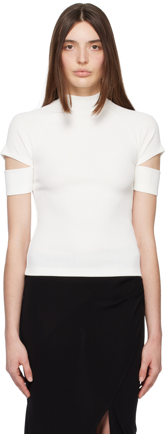 Helmut Lang High Neck Short Sleeve Cutout Detail Ribbed Knit T-shirt In White