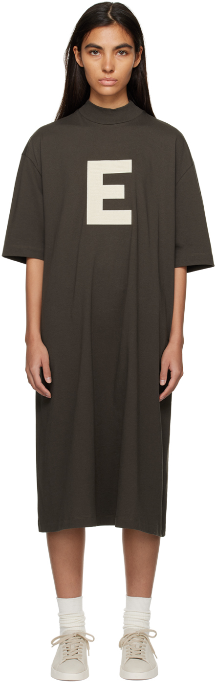 Essentials Gray Short Sleeve Midi Dress In Brown