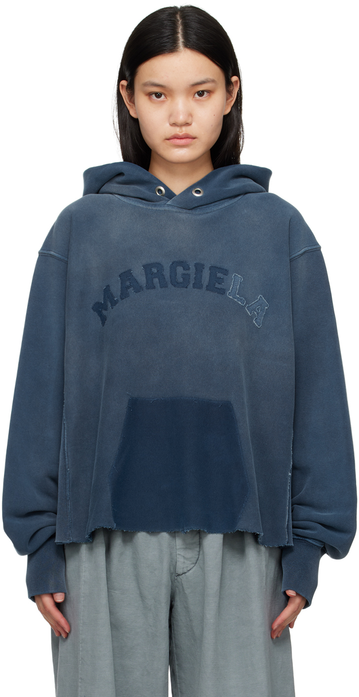 Maison Margiela Faded Logo Cotton Jersey Hoodie In Blue