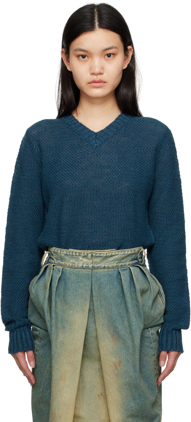 Shop Maison Margiela Blue V-neck Sweater In 509 Blue