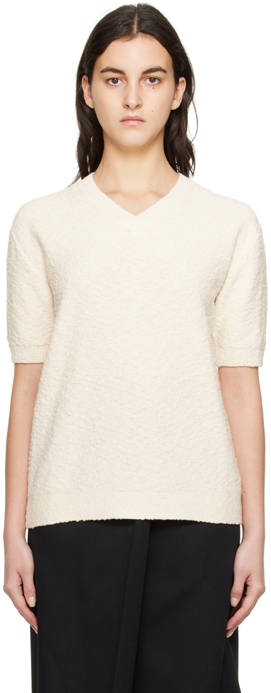 Shop Maison Margiela Off-white V-neck T-shirt In 102 Ecru