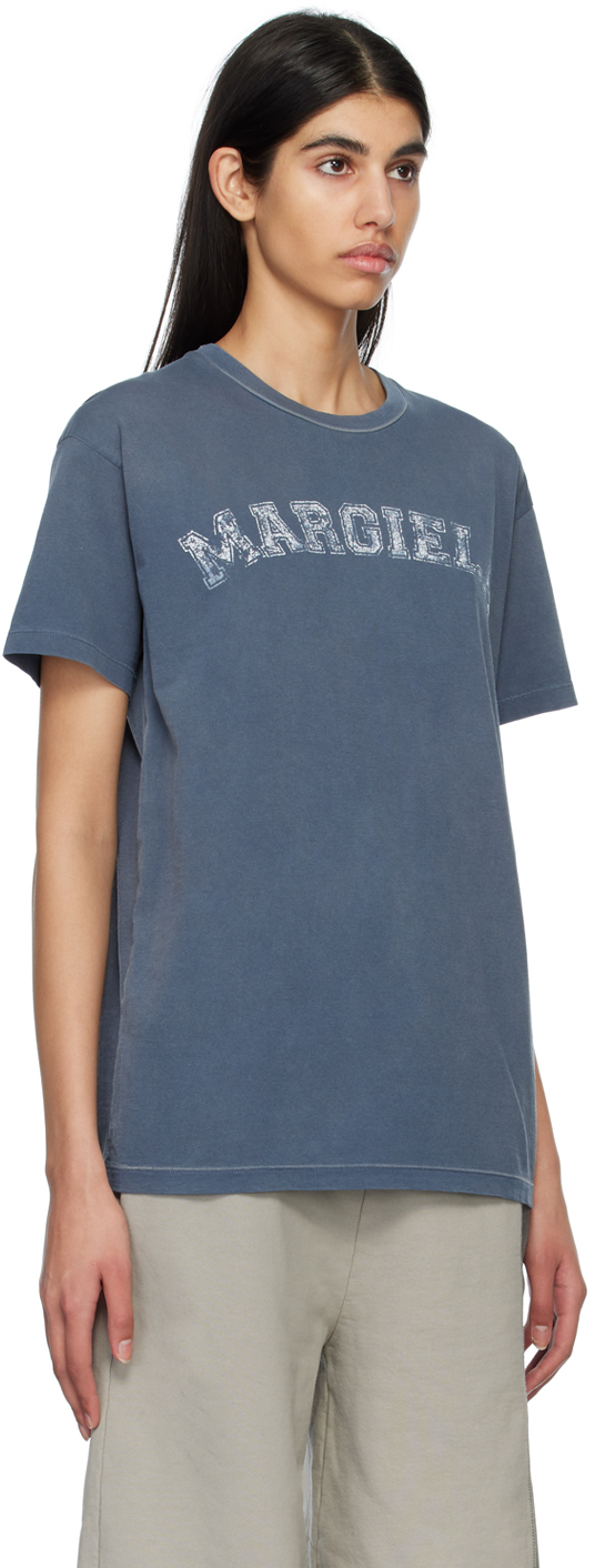 Maison Margiela Blue Crewneck T-shirt With Logo Lettering Print In Cotton Woman In 469 Blue