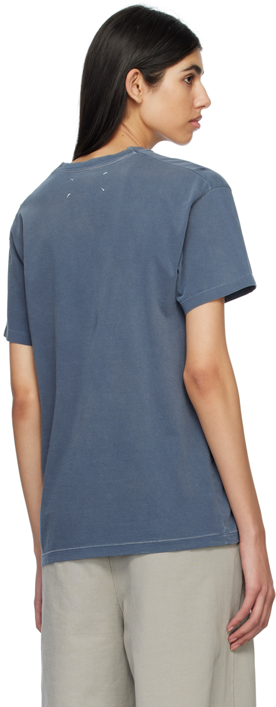 Maison Margiela Blue Crewneck T-shirt With Logo Lettering Print In Cotton Woman In 469 Blue