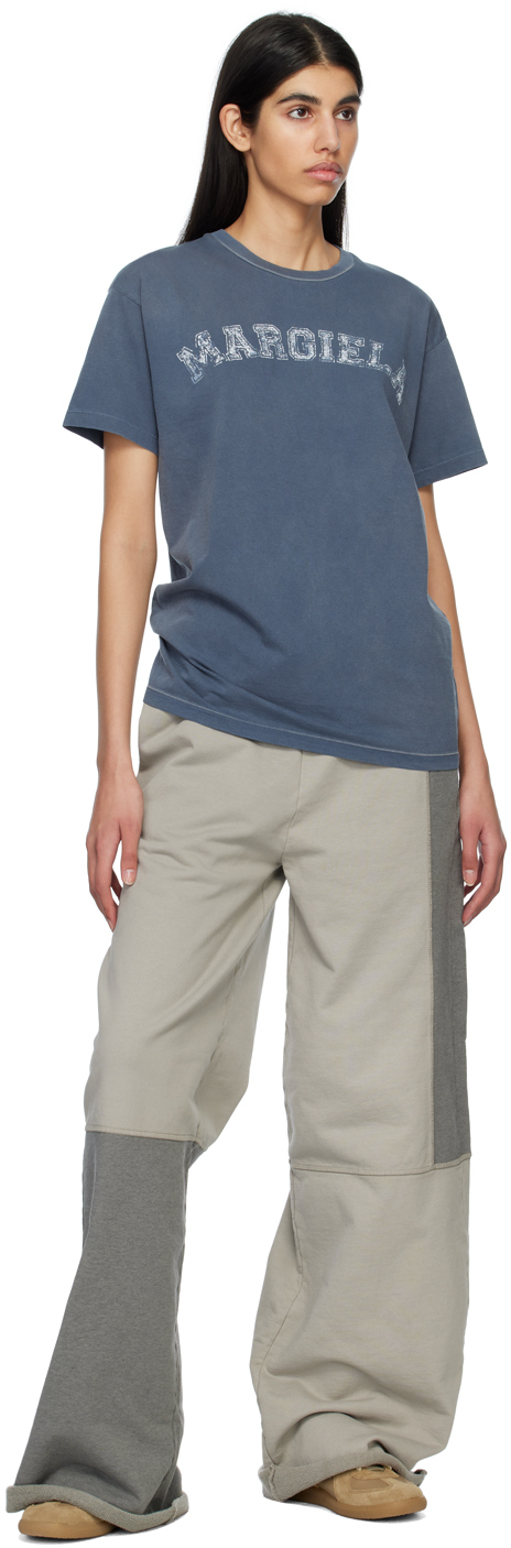 Maison Margiela Blue Crewneck T-shirt With Logo Lettering Print In Cotton Woman In 469 Blue