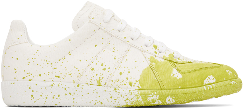 White & Yellow Paint Replica Sneakers by Maison Margiela on Sale