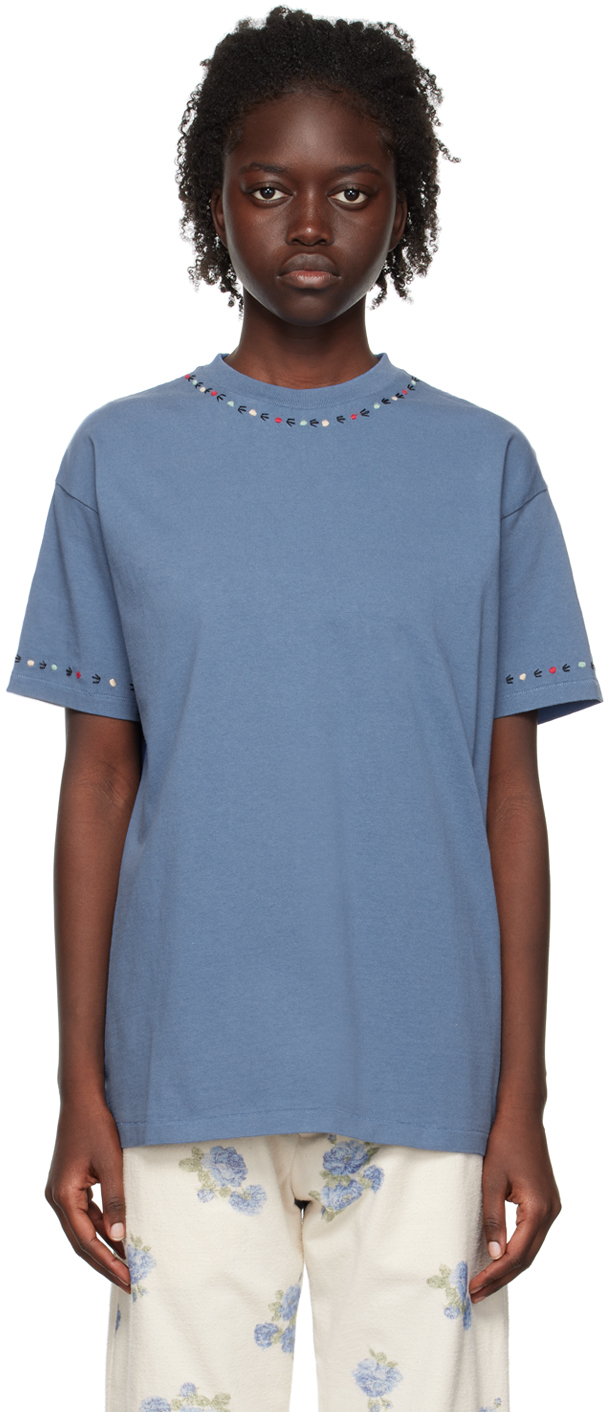 Embroidered Cotton Jersey T Shirt in Blue - Bode