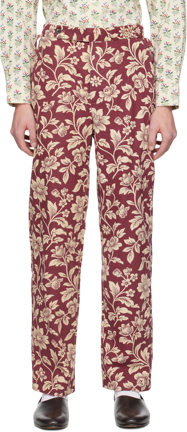 Red & Off-White Floral Trousers