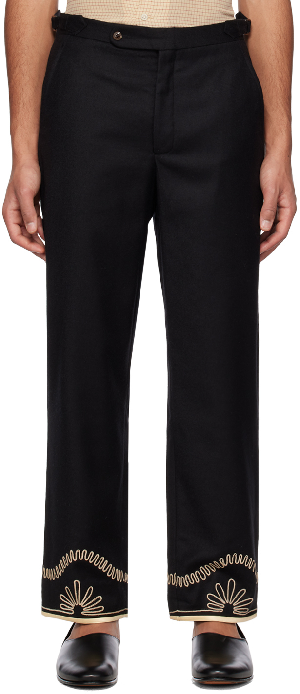 Bode Black Embroidered Trousers In Black Cream