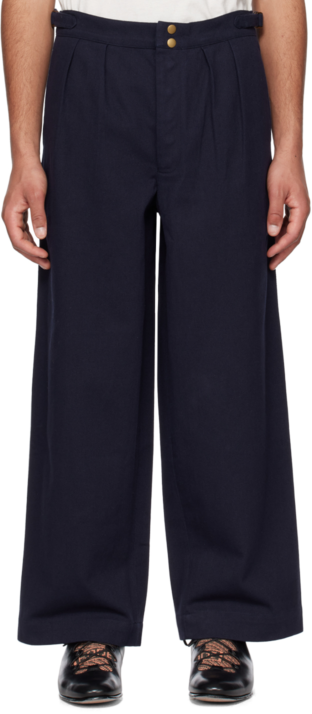 Shop Bode Navy Wide-leg Snap Trousers In Navy Navy