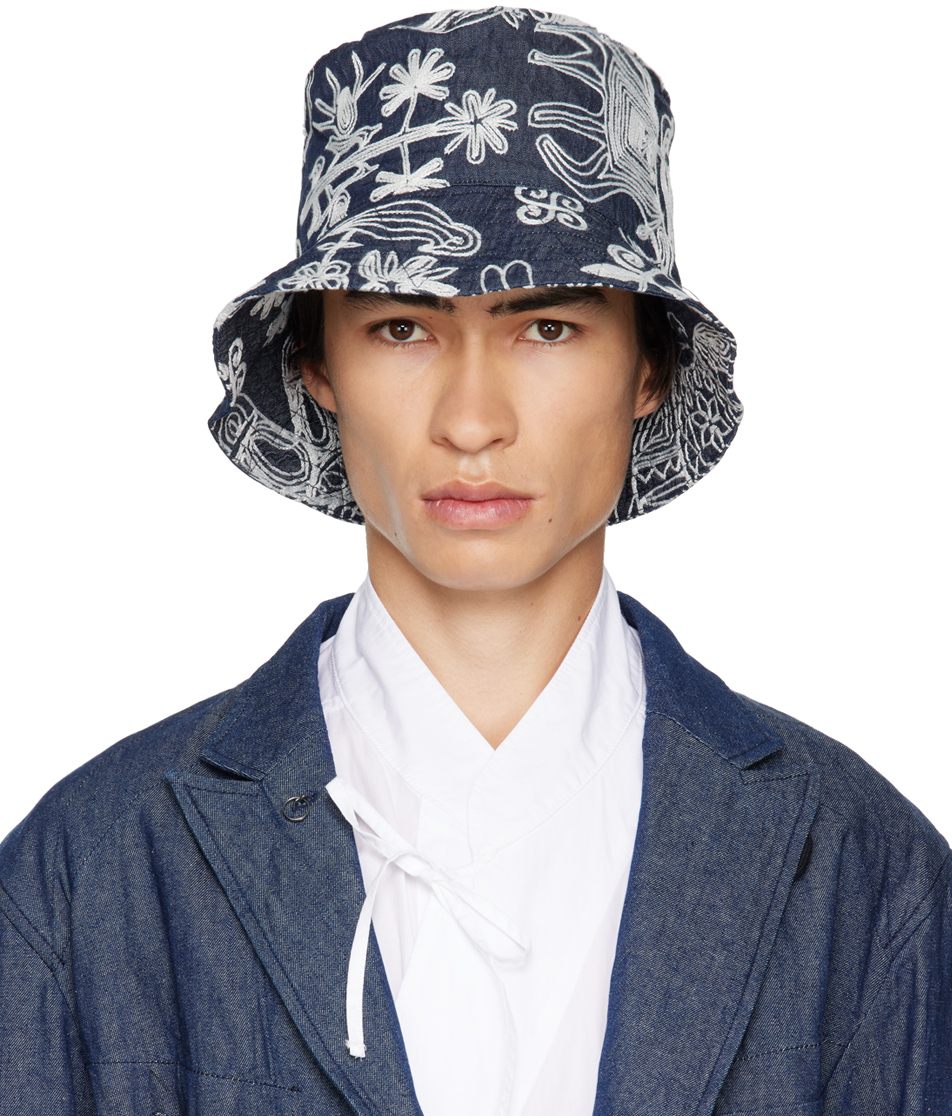 Navy Embroidered Bucket Hat by Engineered Garments on Sale