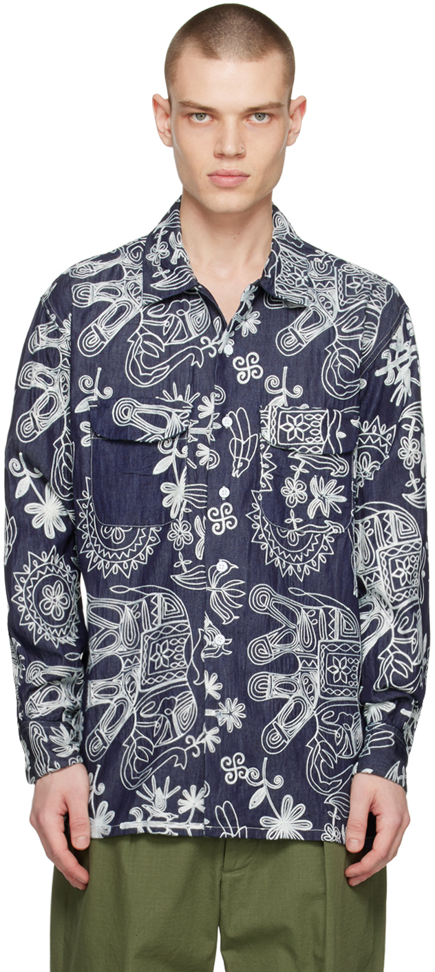 Shop Engineered Garments Indigo Embroidered Denim Shirt In Nd041 Indigo Floral