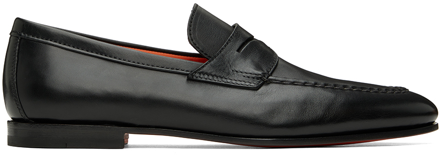Santoni Blooming Black Leather Penny Loafers In Black-n01