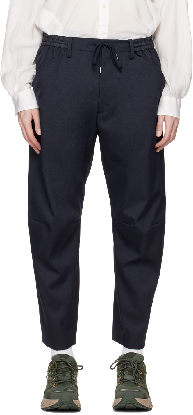 Navy 3D Cut Trousers by Fumito Ganryu on Sale