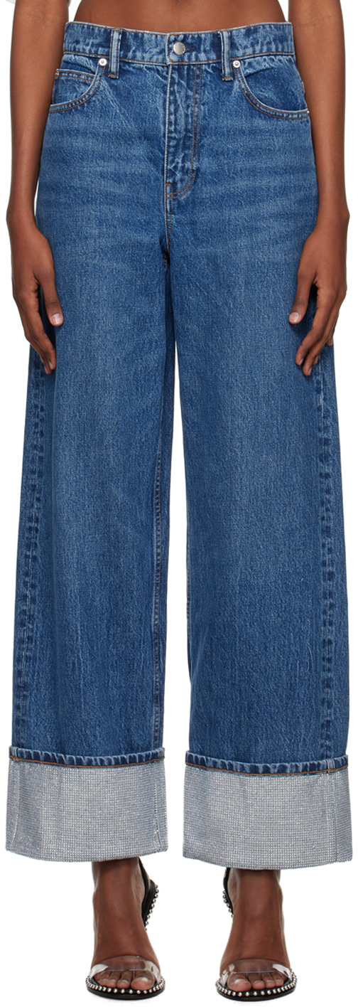ALEXANDER WANG BLUE CRYSTAL CUFF STRAIGHT JEANS