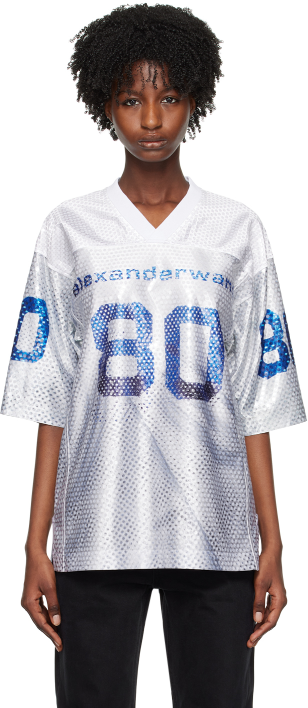 Alexander Wang: White & Blue 88 Football T-Shirt | SSENSE