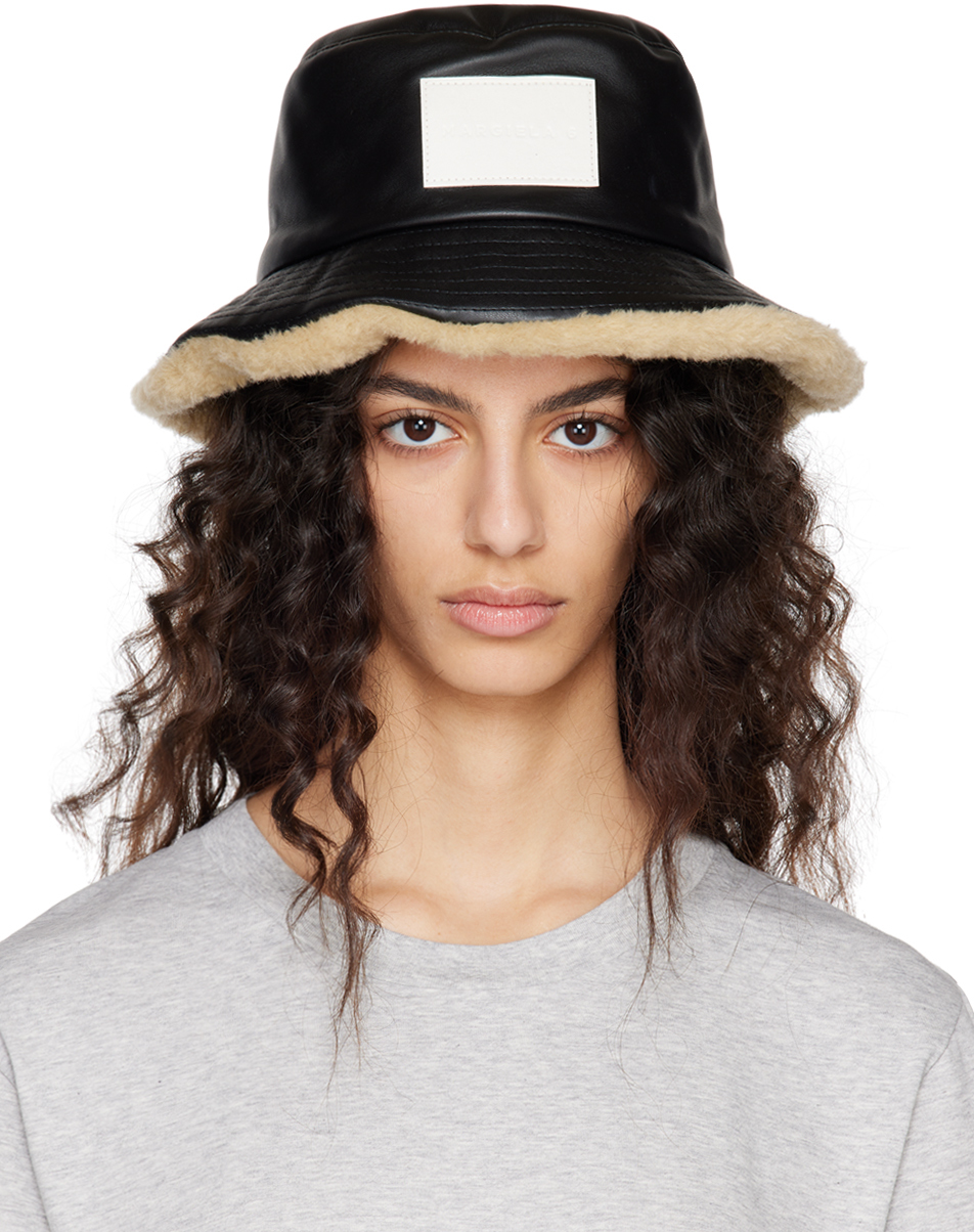 MM6 Maison Margiela Black Patch Faux-Leather Bucket Hat