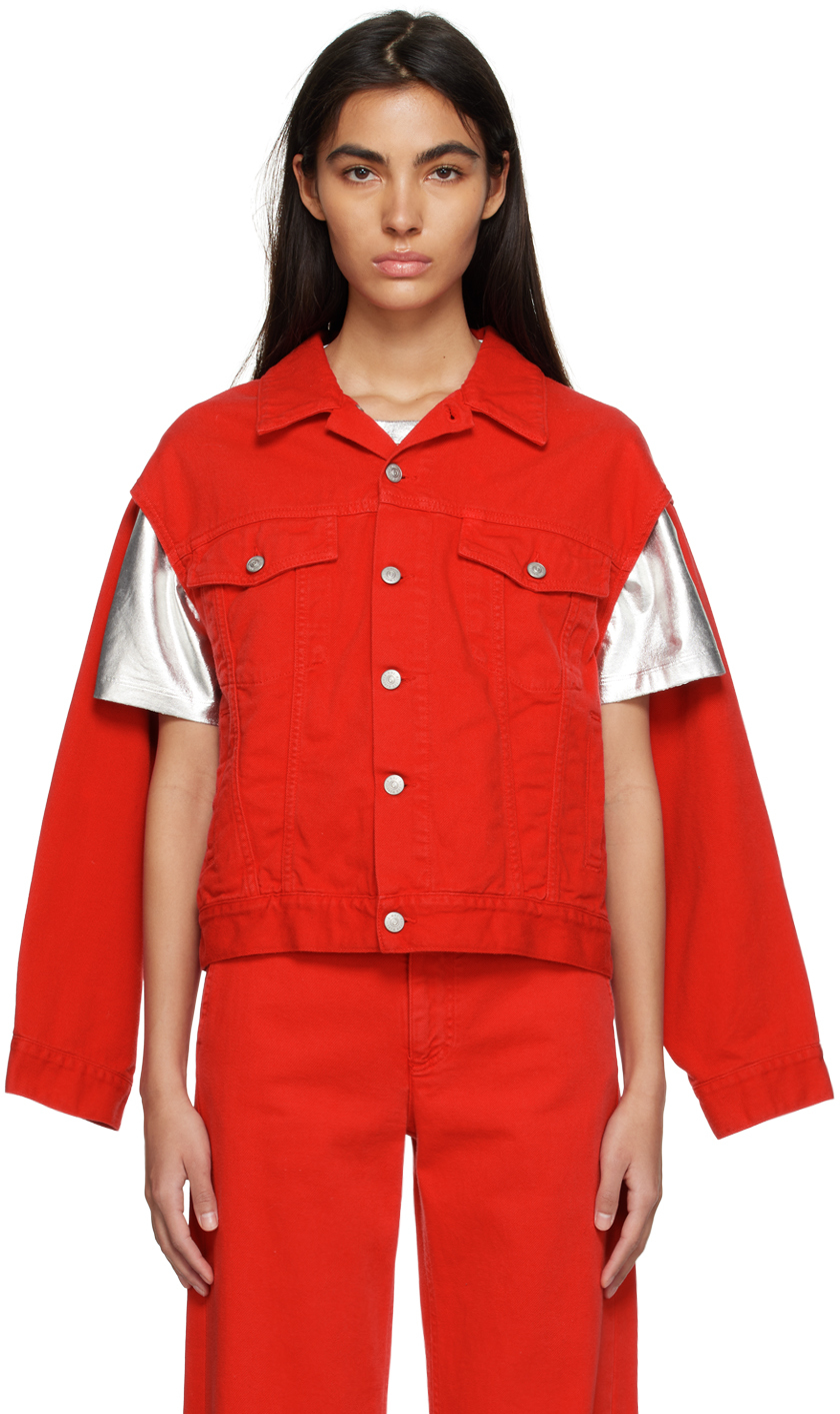 MM6 Maison Margiela: Red Cutout Denim Jacket | SSENSE