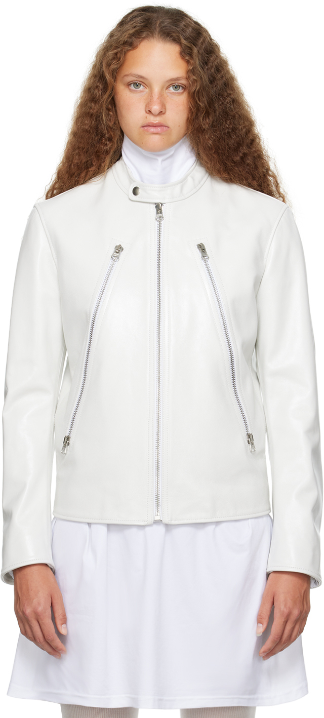 White Zip Leather Jacket by MM6 Maison Margiela on Sale