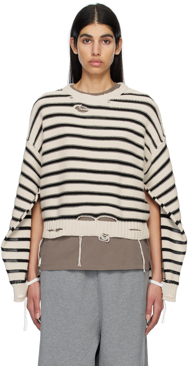 Mm6 Maison Margiela Distressed Striped Sweater In Crema | ModeSens