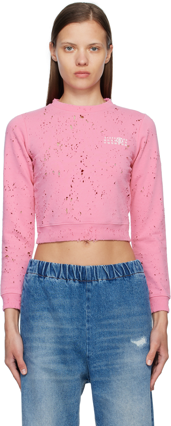 Shop Mm6 Maison Margiela Pink Distressed Crewneck Sweatshirt In 251 Pink