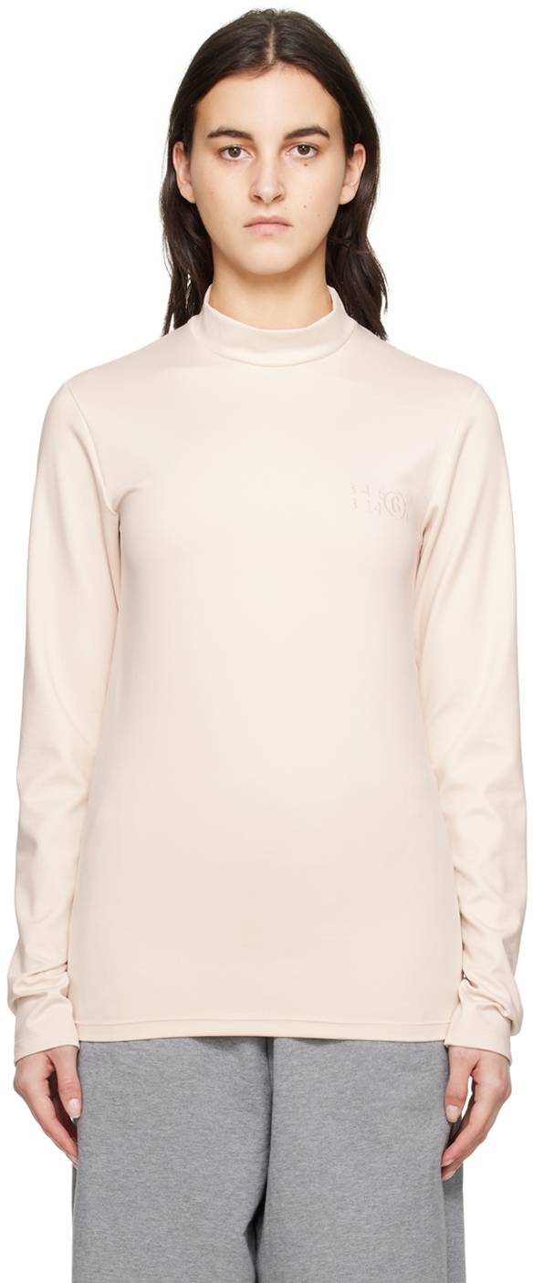 Mm6 Maison Margiela Beige Embroidered Long Sleeve T-shirt In 102 Off White