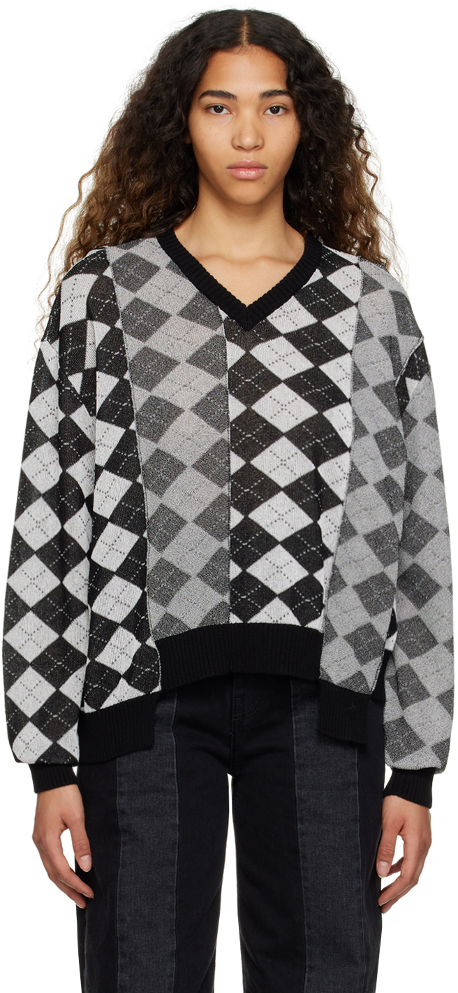 Shop Mm6 Maison Margiela White & Black Argyle Sweater In 001f White/black