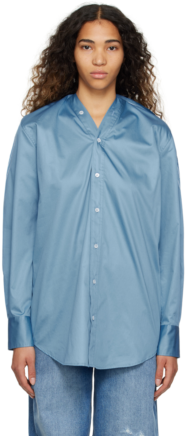 Mm6 Maison Margiela Blue V-neck Shirt In 521 Prussian Blue