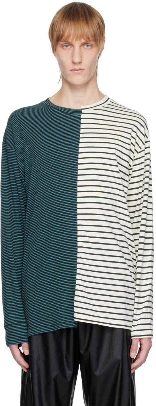 Green & Off-White Half-Ribbed Long Sleeve T-Shirt