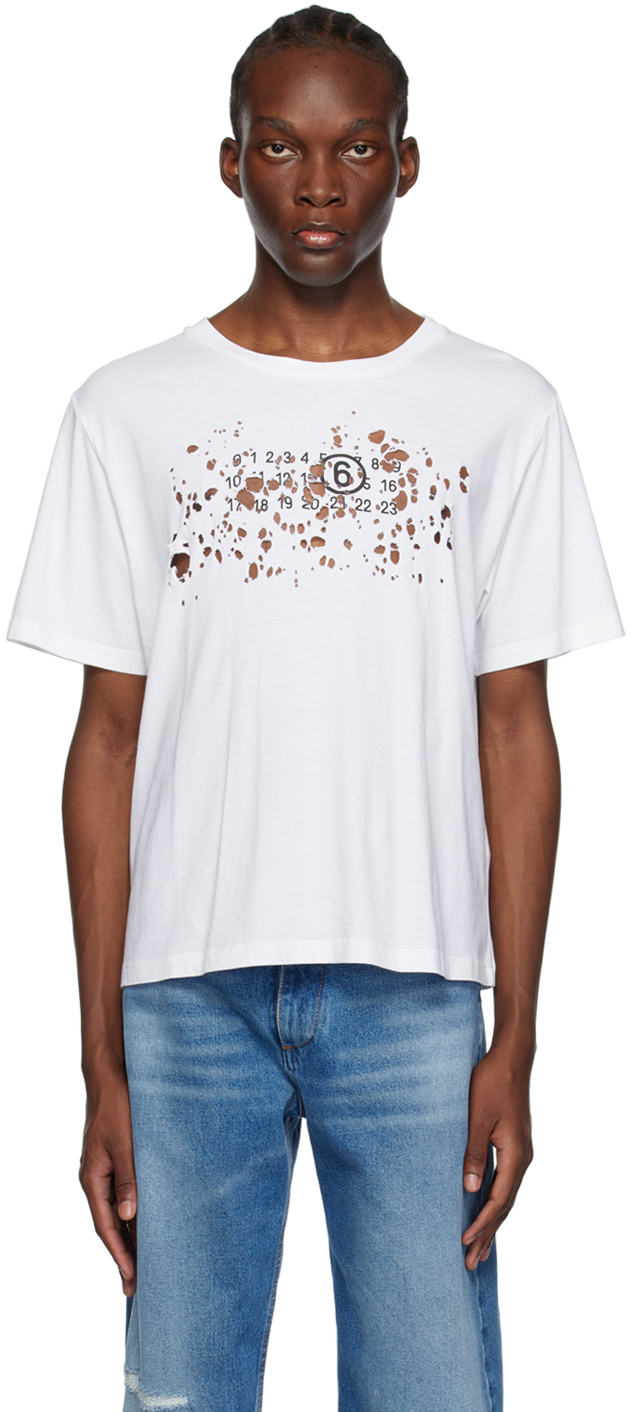 MM6 Maison Margiela: White Worn Numbers T-Shirt | SSENSE Canada