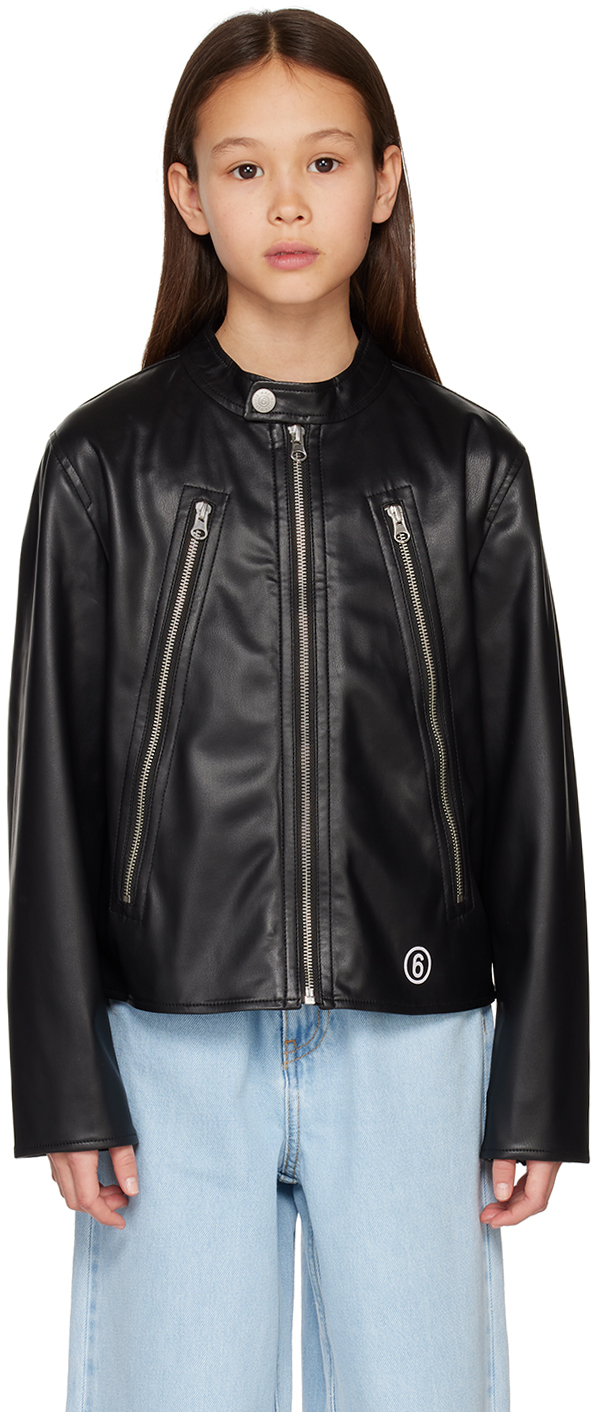 Mm6 Maison Margiela Kids Black Printed Faux-leather Jacket In M6900