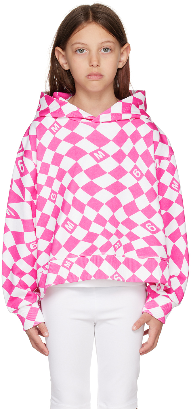 Mm6 Maison Margiela Kids Pink & White Check Hoodie In M6c11