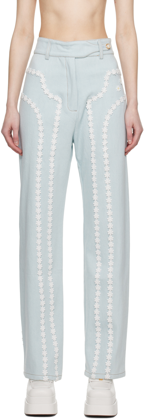 Casablanca Daisy-lace Border Paneled Straight-leg Denim Trousers In Blue