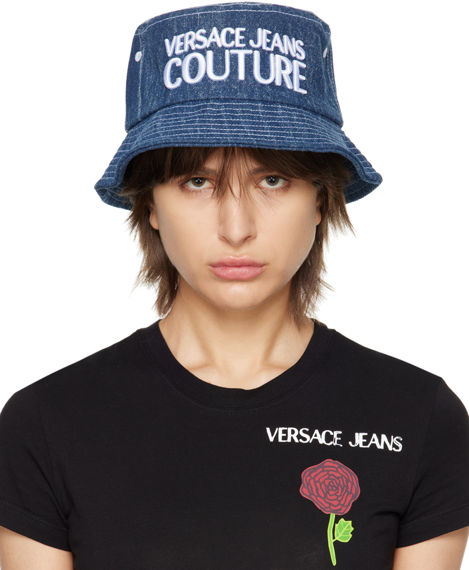 Shop Versace Jeans Couture Navy Logo Bucket Hat In Epy5 Indigo + White