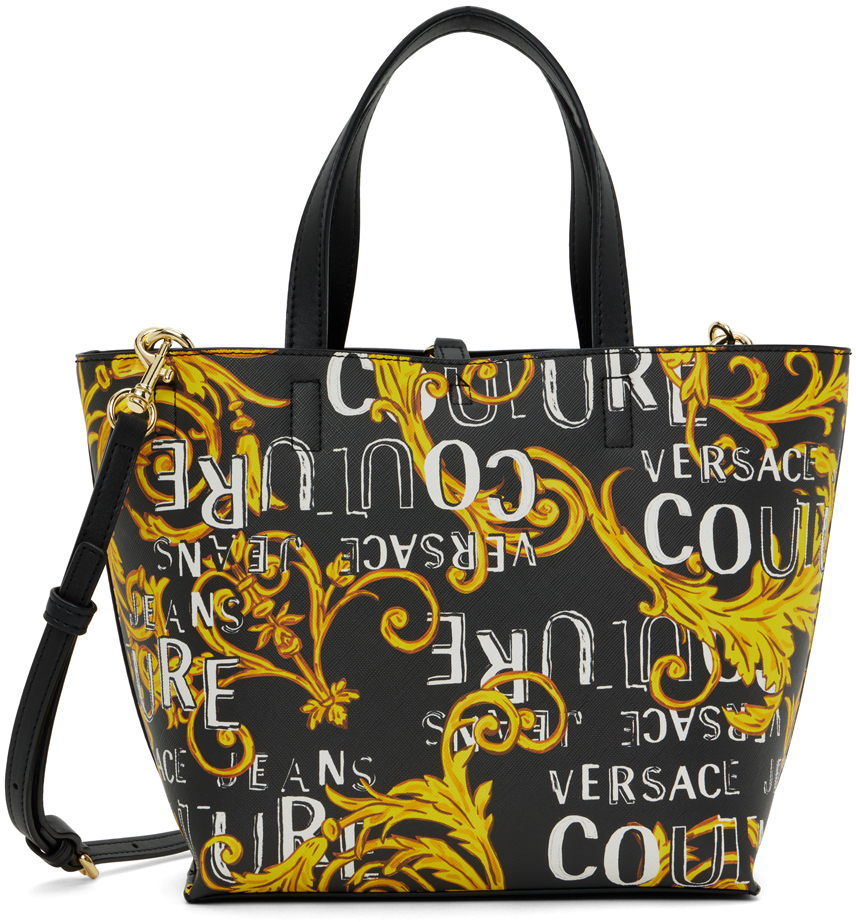 Versace Jeans Couture Reversible Black & Gold Printed Tote In Eg89 Black/gold