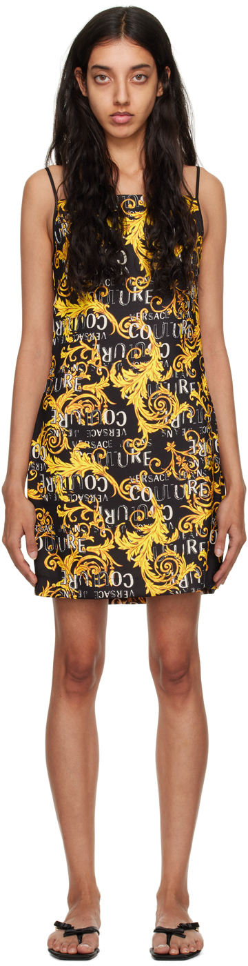 Versace Jeans Couture Logo Print Strappy Mini Dress In Nero