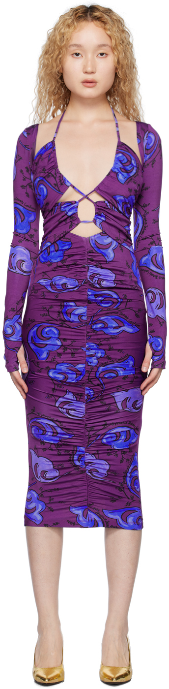 Shop Versace Jeans Couture Purple Ruched Midi Dress In E307 Violet