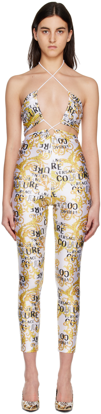 Shop Versace Jeans Couture White & Yellow Printed Jumpsuit In Eg03 White + Gold