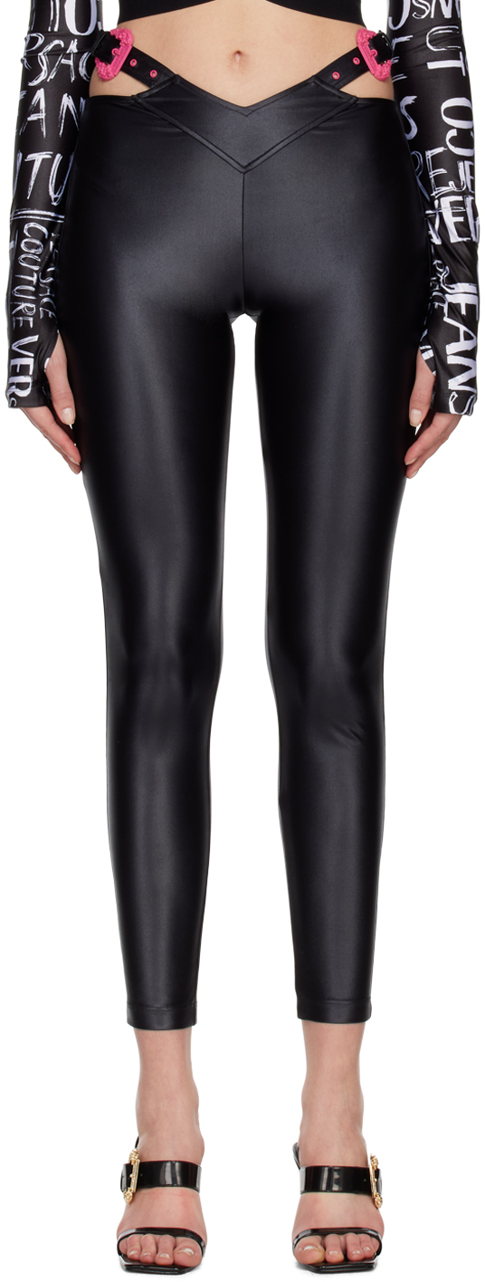 Shop Versace Jeans Couture Black Shiny Leggings In E899 Black