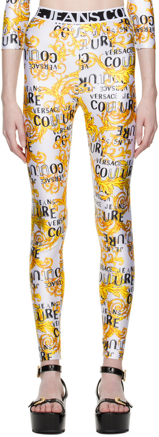 Versace Jeans Couture White Printed Leggings In Eg03 White + Gold
