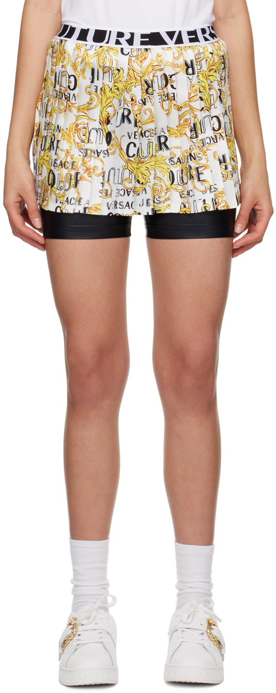 Versace Jeans Couture Logo-waistband Pleated Shorts In Eg03 White + Gold