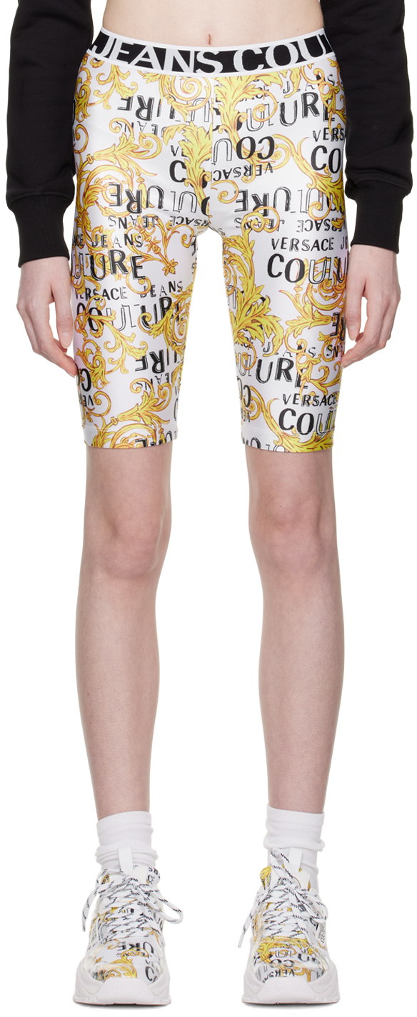 Versace Jeans Couture White Printed Shorts In Eg03 White + Gold