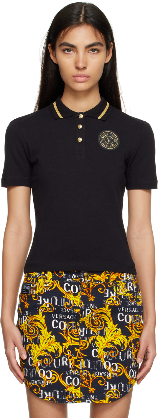 Shop Versace Jeans Couture Black V-emblem Polo In Eg89 Black/gold