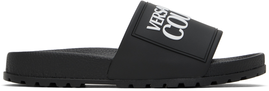 Shop Versace Jeans Couture Black Embossed Pool Slides In E899 Black