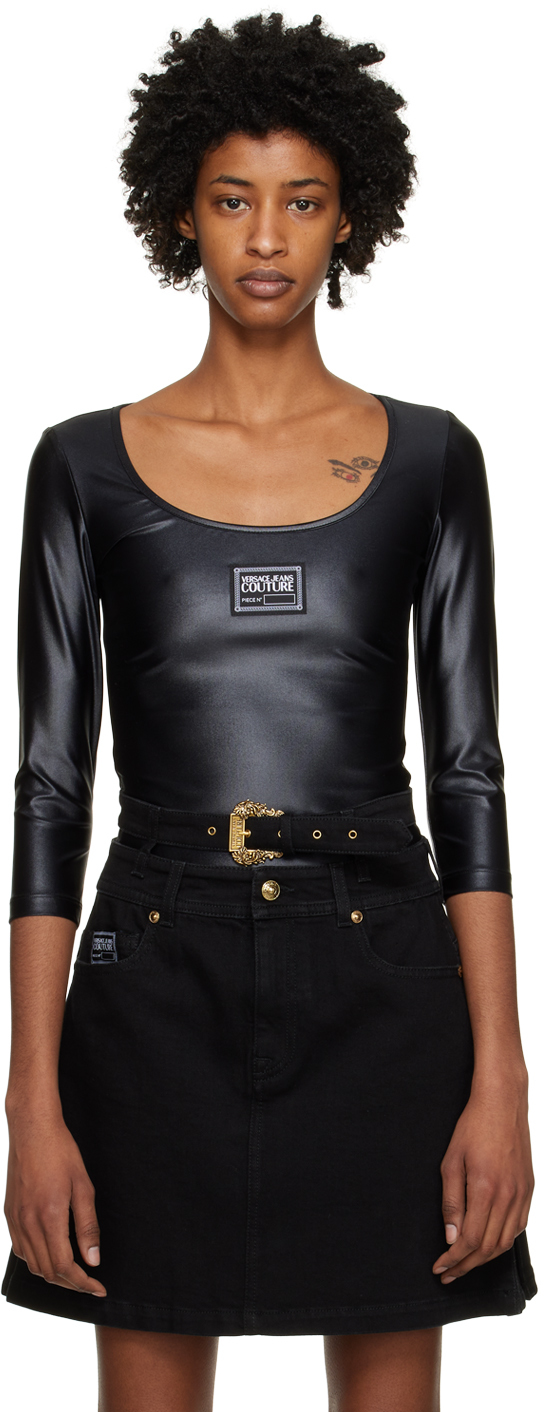 Versace Jeans Couture Logo-patch Long-sleeve Bodysuit In E899 Black