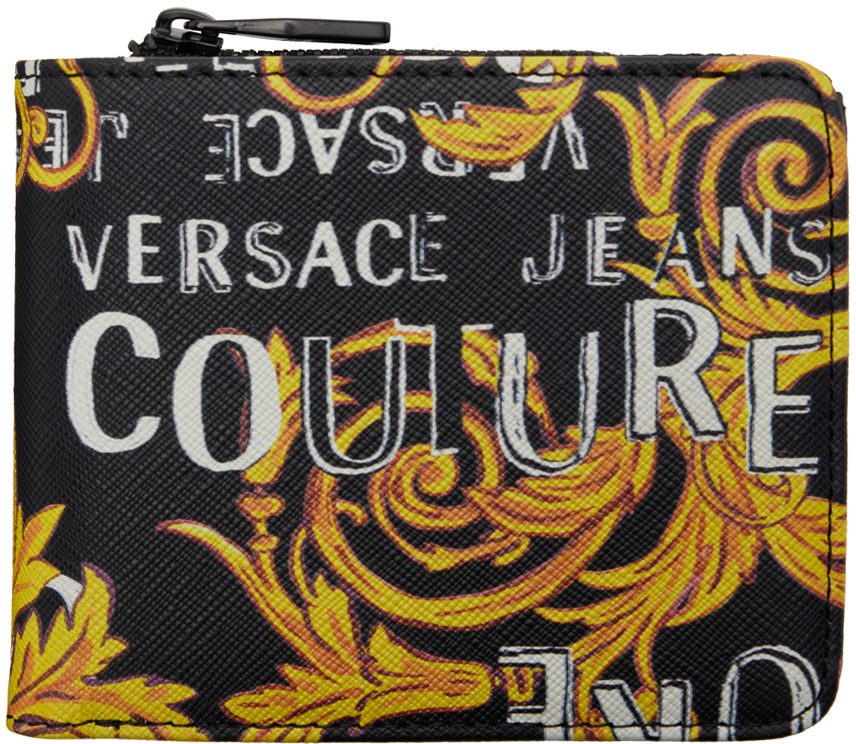 Versace Jeans Couture Barocco-print Bi-fold Wallet In Black
