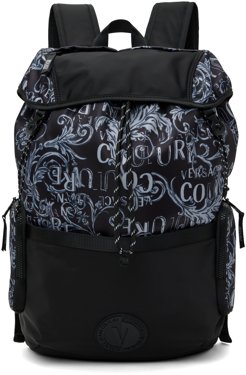 Versace Jeans Couture Black V-emblem Backpack In Epv3 Black + Grey