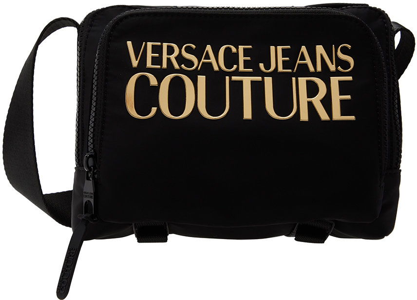 Versace Jeans Couture Black Bonded Messenger Bag In Eg89 Black/gold
